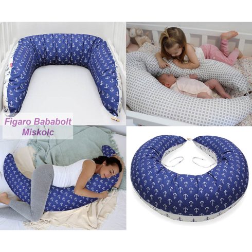 Scamp formázott gombosvégű szoptatós párna pamut huzattal "ancora blue-white"