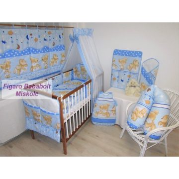   4 részes bébi ágynemű garnitúra muszlin függönnyel "Freddy Teddy - kék"