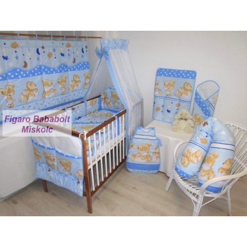 4 részes bébi ágynemű garnitúra muszlin függönnyel "Freddy Teddy - kék"