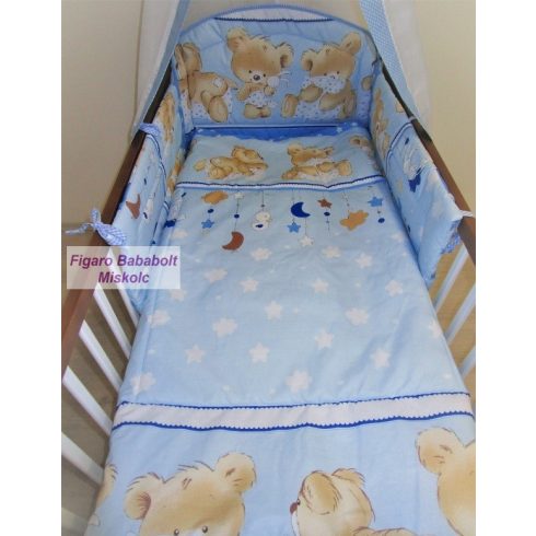 4 részes bébi ágynemű garnitúra muszlin függönnyel "Freddy Teddy - kék"