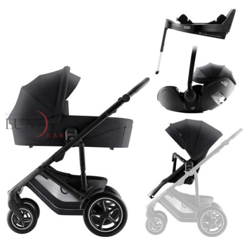 BRITAX RöMER Smile 5Z Comfort Plus Style babakocsi bundle szett (Smile 5Z babakocsi + mózeskosár + Baby-Safe Pro + Vario Base 5Z) Carbon Black