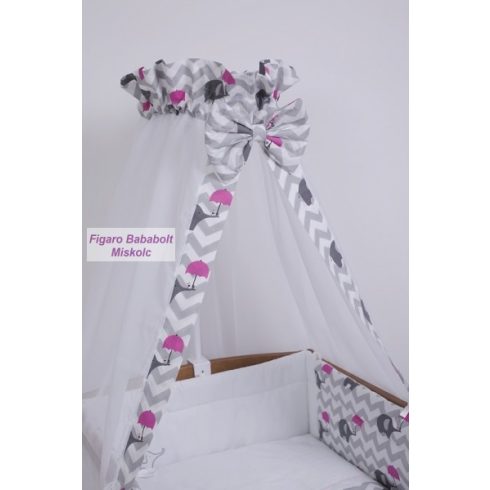 4 részes bébi ágynemű garnitúra muszlin függönnyel "Esernyős elefánt rózsaszín"