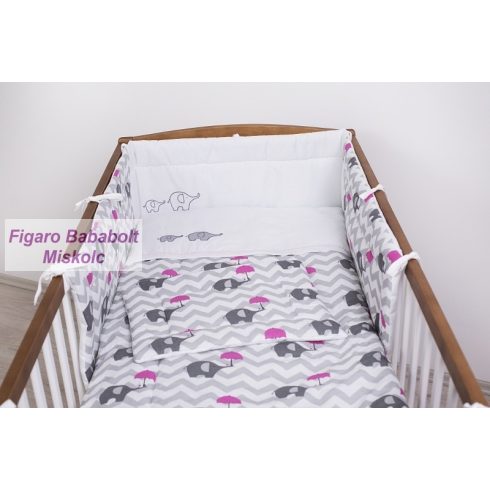 4 részes bébi ágynemű garnitúra muszlin függönnyel "Esernyős elefánt rózsaszín"