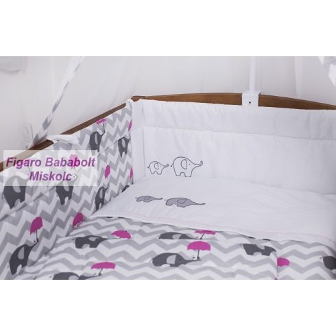 4 részes bébi ágynemű garnitúra muszlin függönnyel "Esernyős elefánt rózsaszín"
