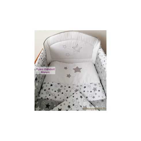 4 részes bébi ágynemű garnitúra muszlin függönnyel "Gray star-csillagfüzéres"