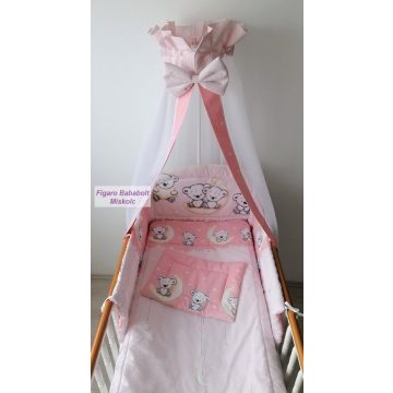   4 részes bébi ágynemű garnitúra muszlin függönnyel "Holdas maci-lazac"