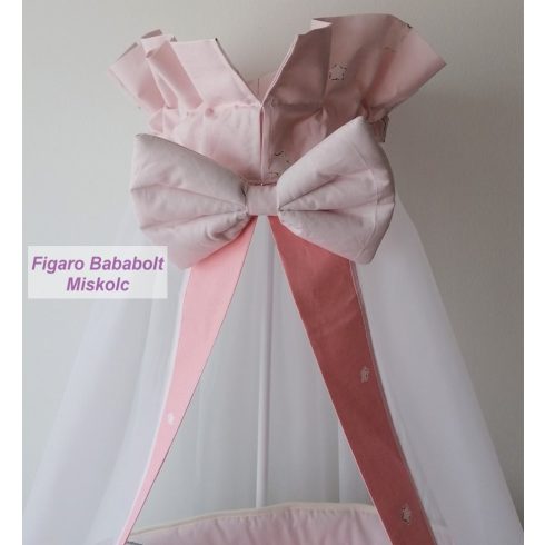 4 részes bébi ágynemű garnitúra muszlin függönnyel "Holdas maci-lazac"