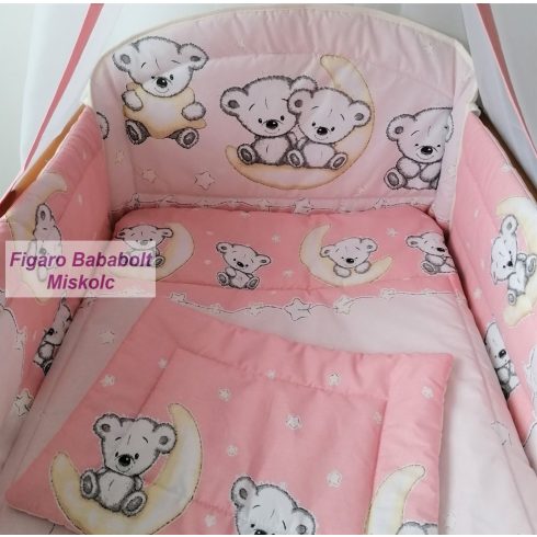 4 részes bébi ágynemű garnitúra muszlin függönnyel "Holdas maci-lazac"