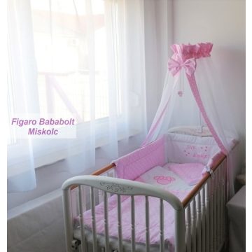   4 részes bébi ágynemű garnitúra muszlin függönnyel "Rózsaszín Panna"