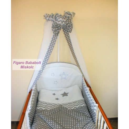 4 részes bébi ágynemű garnitúra muszlin függönnyel "Szürke csillagfüzér"